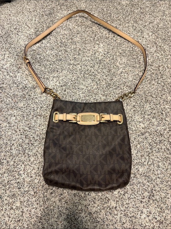 Michael Kors Handbags - Michael Kors Brown Logo Shoulder Bag with Tan Strap and Gold Hardware